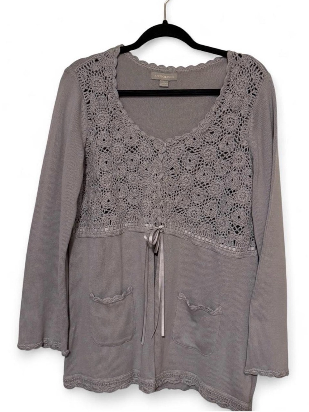 April Cornell Grey Knit Cardigan Crochet Floral Bodice Tie Front - Size XL